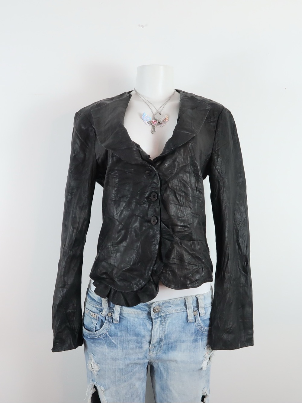 Armani Collezioni Black leather Textured Button-Front Blazer